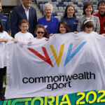 Photo of Countdown to Games: Victorian Tourism, Sport and Major Events Minister Martin Pakula, Victorian Premier Daniel Andrews, Commonwealth Games Federation president Dame Louise Martin, Regional Development Minister Mary-Anne-Thomas and MP Michaela Settle with athletes and children at the launch of the 2026 Commonwealth Games. Photo: AAP/Con Chronis Photo by CON CHRONIS