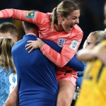 Photo of Mary Earps, the Lionesses' goalkeeper enjoying England victory over Australia in FIFAWWC2023 Semifinal in Sydney