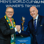 Photo of FIFA'S President along with Mr Anthony Albanese and between them fifiwwc2023 trophy