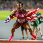 Photo Sha'Carri Richardson celebrating her 100m world champion in Budapest.