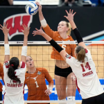 Photo of Texas women volleyball win over Wisconsin.