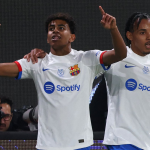 Photo of Yamal and his teammate celebrating his goal for Barcelona against Osasuna.