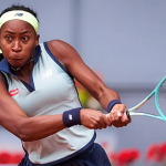 Photo of Coco Gauff in the Madrid Open securing her win over Arantxa Rus.