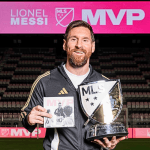 Lionel Messi holding the MLS MVP trophy, celebrating his outstanding performance and leadership in Inter Miami's successful season, marking his first full year in Major League Soccer.