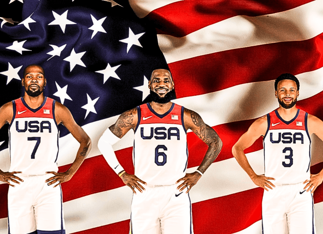 Photo of Curry, Durant and James representing USA in 2024 Olympics in Paris.