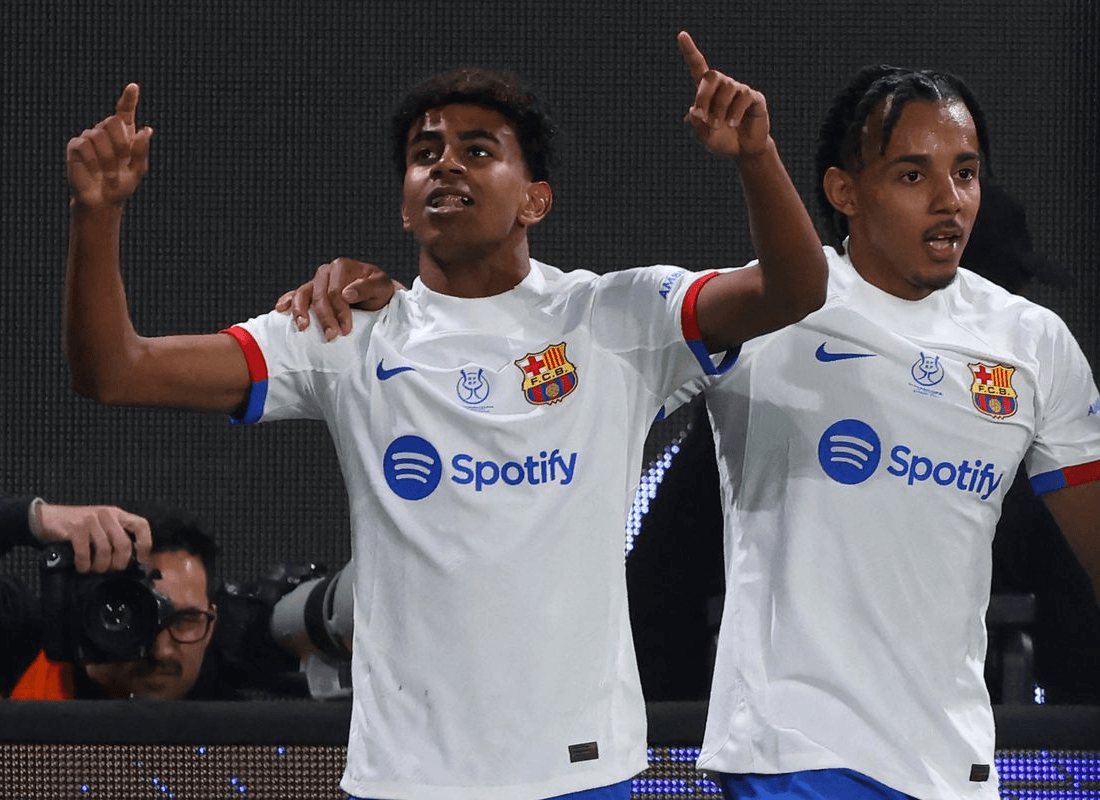 Photo of Yamal and his teammate celebrating his goal for Barcelona against Osasuna.