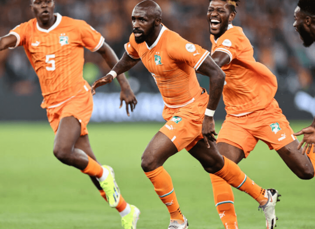 Photo of Fofana and his teammates celebrating the first goal in AFCON 2023 for Cote d'Ivoire.