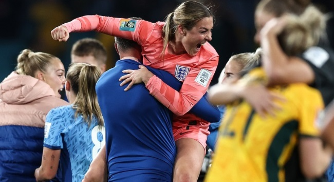 Photo of Mary Earps, the Lionesses' goalkeeper enjoying England victory over Australia in FIFAWWC2023 Semifinal in Sydney