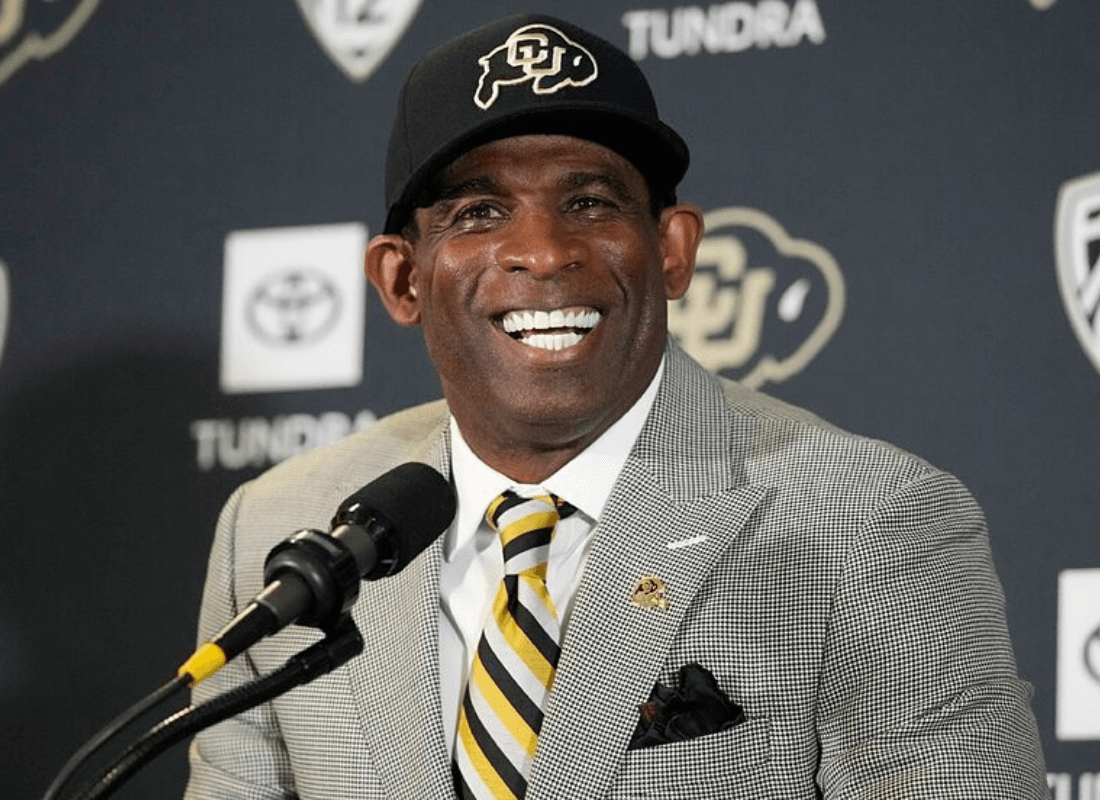 Photo of Deion Sanders in conference press after colorado win over USC