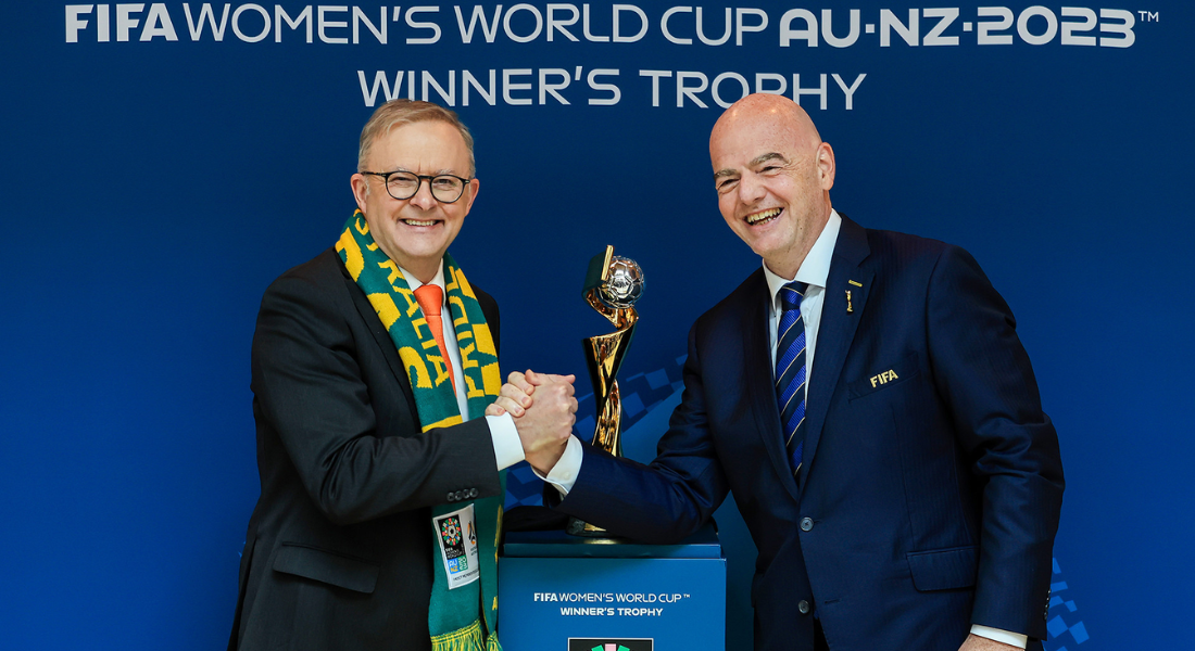 Photo of FIFA'S President along with Mr Anthony Albanese and between them fifiwwc2023 trophy