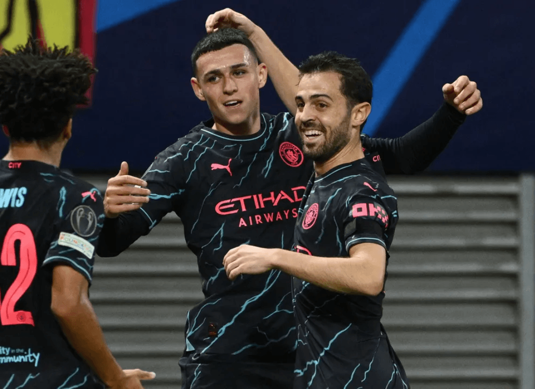 Manchester City players are celebrating their 3-1 victory over RB Leipzig in the Champions League, with key substitutes contributing to the win.