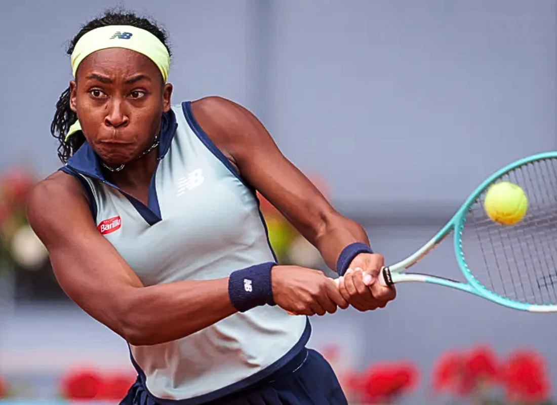 Photo of Coco Gauff in the Madrid Open securing her win over Arantxa Rus.