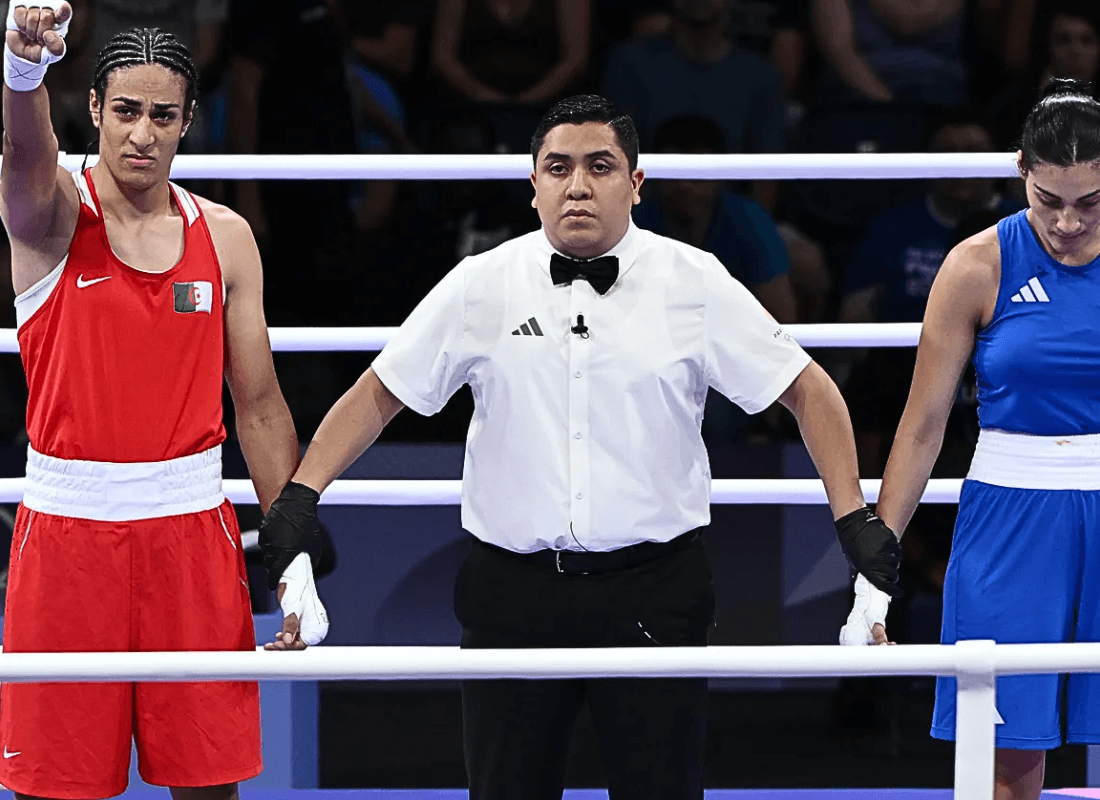 Photo of Imane Khelif winning against italian Angela Carini in Paris Olympics 2024 boxing.