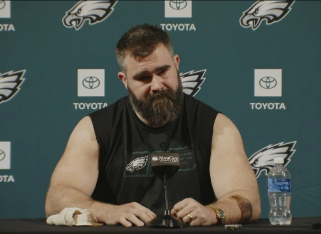 Photo of Jason Kelce in conference press announcing his retirement.