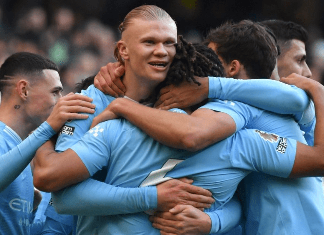 Photo of Haaland along with his teammate celebrating goal against Liverpool.