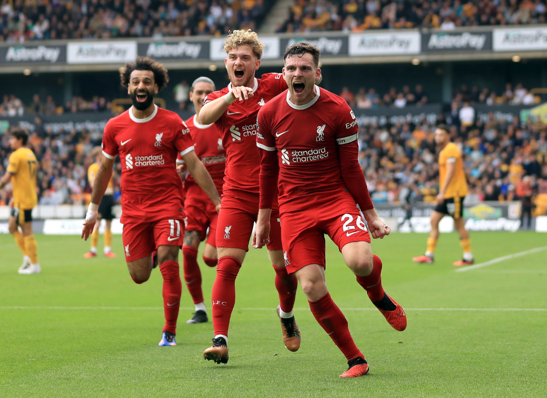 Photo of Liverpool players celebrating their results in premier league.