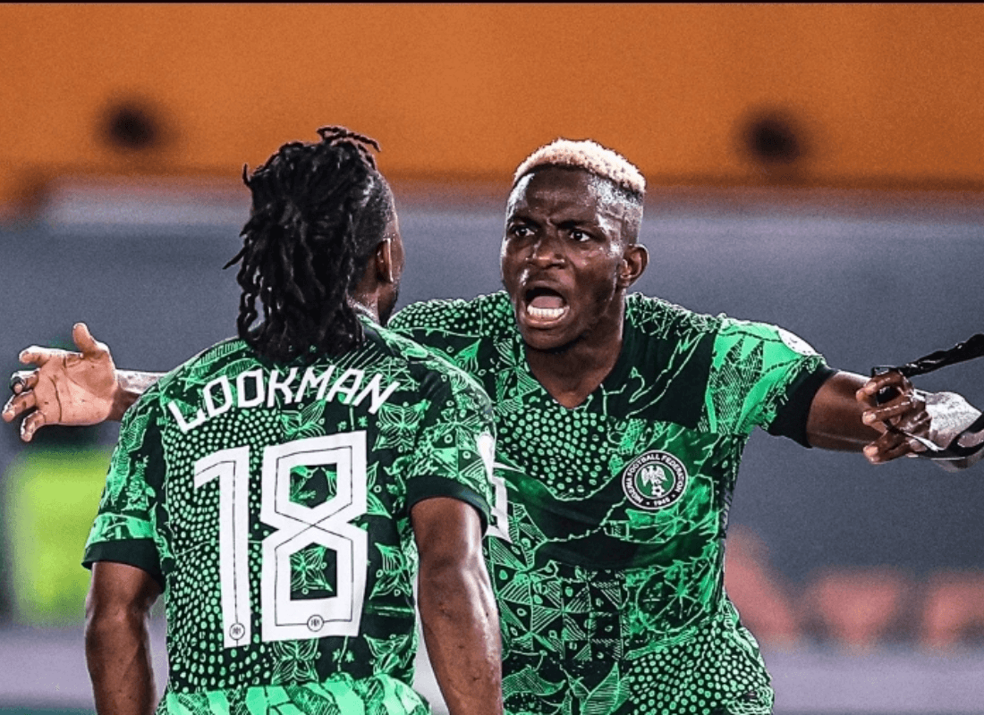 Photo of Lookman and Osimhen celebrating their triumph over cameroon in the afcon2024