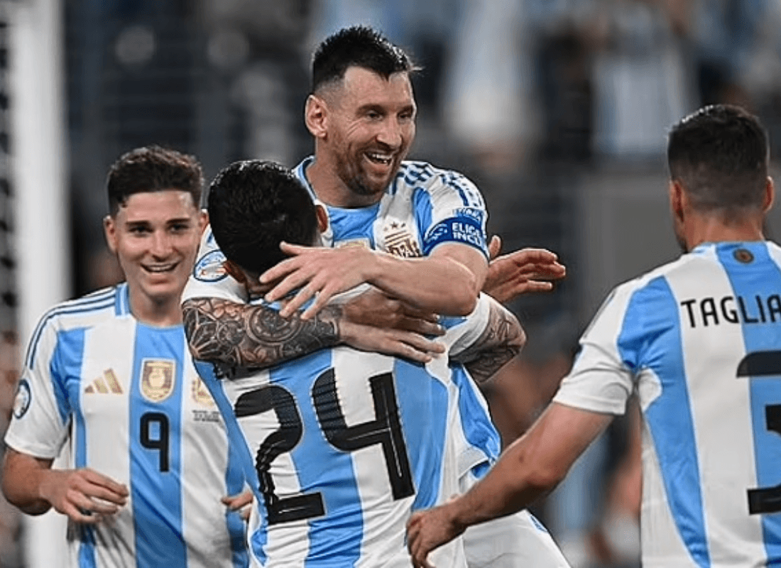 Photo of Messi and his teammate after his first goal in Copa America against Canada moving Argentina to final in the tournament.