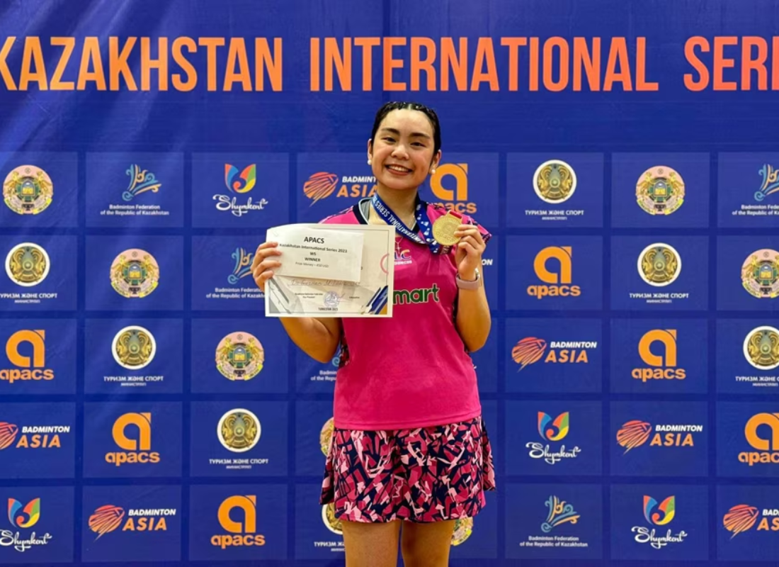 Photo of Mika de Guzman at her first international tennis title win in Kazakhstan.