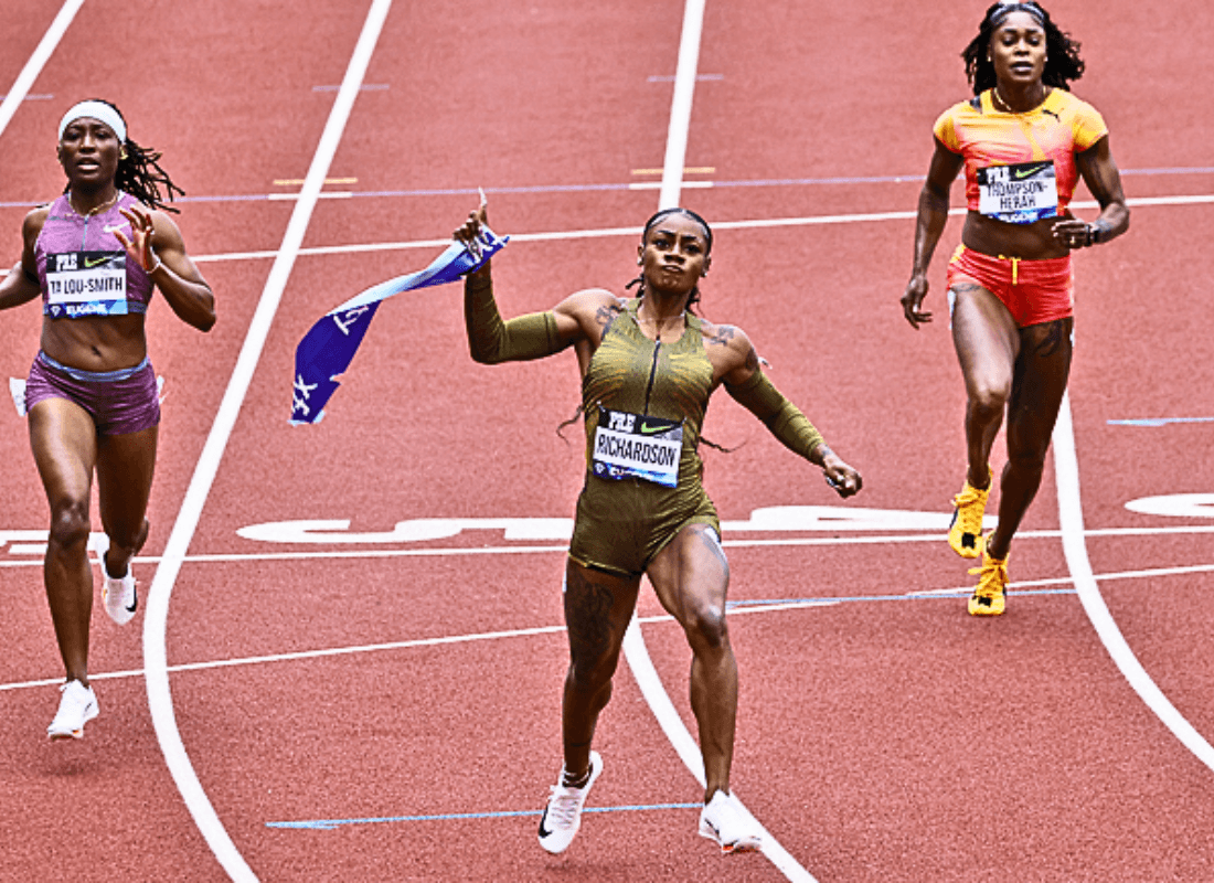 Photo of Sha'Carri Richardson in Diamond League win over Thompson Herah.