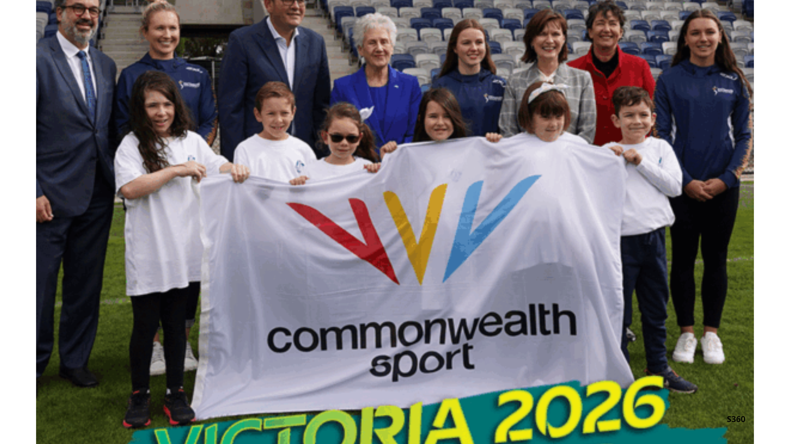 Photo of Countdown to Games: Victorian Tourism, Sport and Major Events Minister Martin Pakula, Victorian Premier Daniel Andrews, Commonwealth Games Federation president Dame Louise Martin, Regional Development Minister Mary-Anne-Thomas and MP Michaela Settle with athletes and children at the launch of the 2026 Commonwealth Games. Photo: AAP/Con Chronis Photo by CON CHRONIS