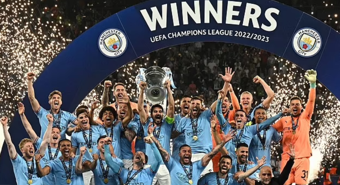 Photo of Man city celebrating their first Super Cup win