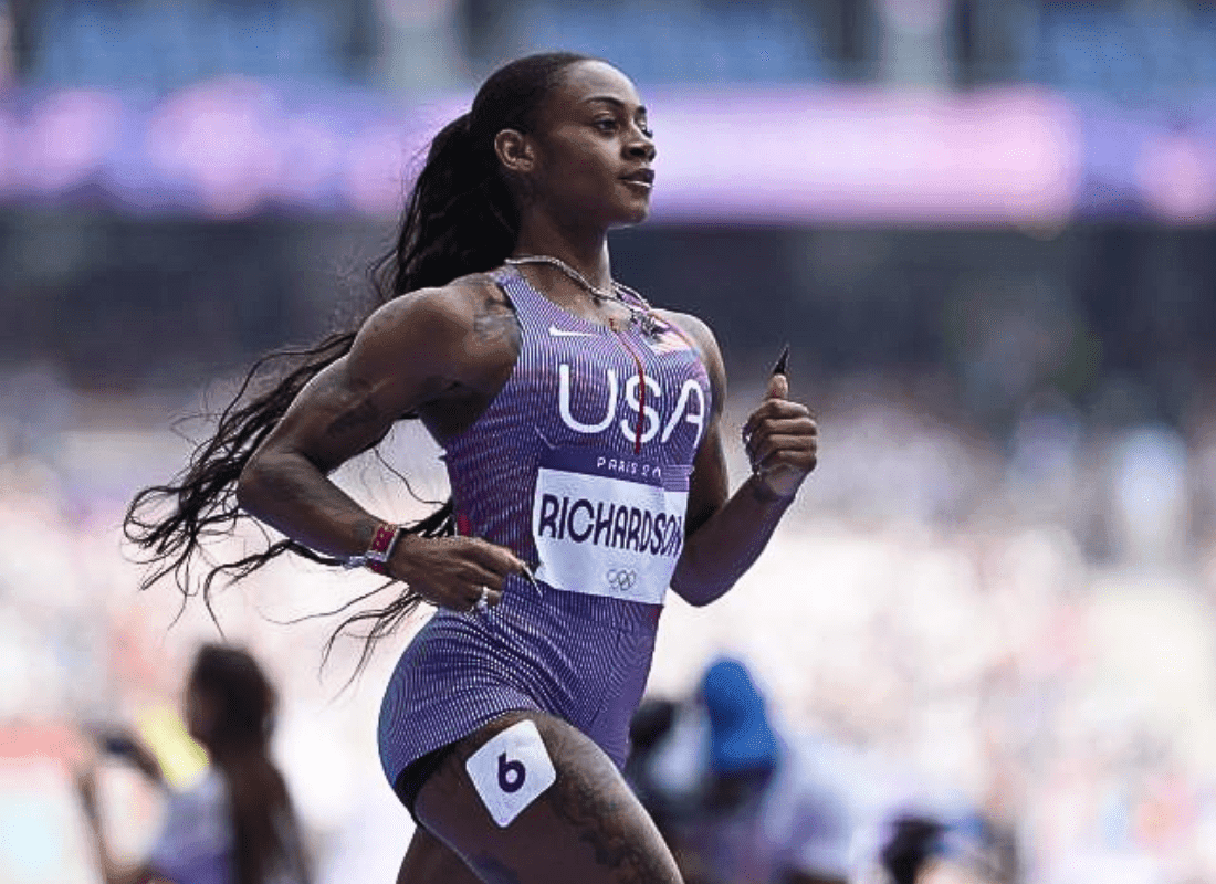 Sha'Carri Richardson of the USA finishing second in the women's 100-meter semifinal at the 2024 Paris Olympics, securing a spot in the final.