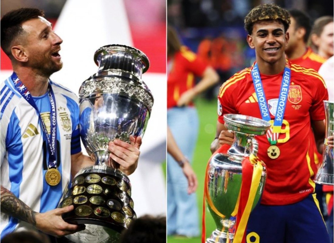 Photo of Messi and Lamine Yamal with their respective Cup won in Copa America2024 and Euro 2024, set to meet in the Finalissima.